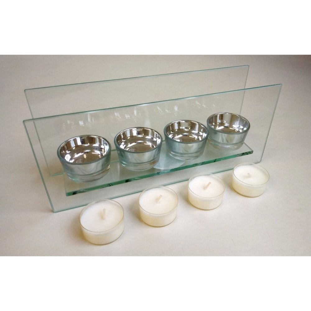 Silver & Glass 4 Tea Light Holder & FREE Honey Scented Tea lights